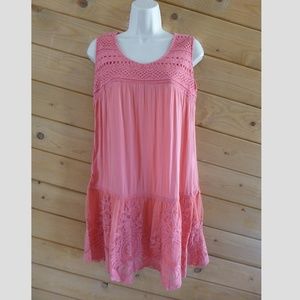 Monoreno Coral Pink Lace Crochet Boho Peasant Tank Sleeveless Tunic Mini Dress S